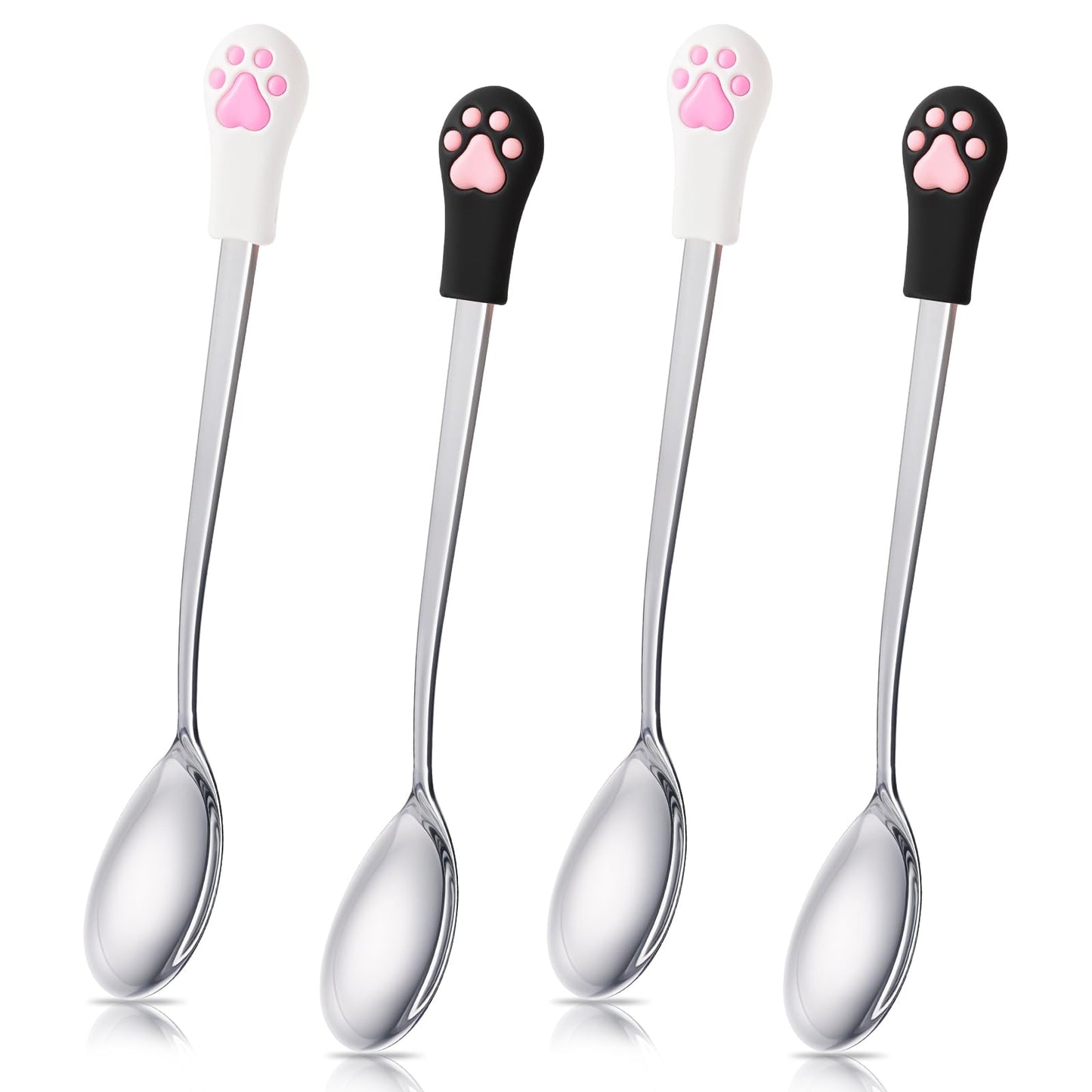 4 pcs Cat Food Spoon, Stainless Steel Pet Can Spoon Set with Silicone Cat Claw, Cute Pets Stainless Steel Long Handle Cats Canned Cans Opener for Wet Food for Pet Dogs and Cats Can (White Black)