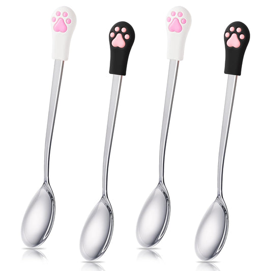 4 pcs Cat Food Spoon, Stainless Steel Pet Can Spoon Set with Silicone Cat Claw, Cute Pets Stainless Steel Long Handle Cats Canned Cans Opener for Wet Food for Pet Dogs and Cats Can (White Black)