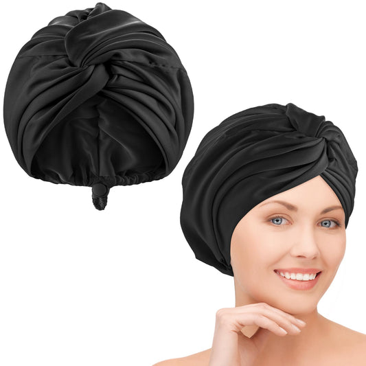 Satin Silk Hair Bonnet for Sleeping, Adjustable Sleeping Caps, Silk Hair Wrap Night Sleep Caps, Night Sleep Cap Turban for Long Curly Hair Accessories (Black)