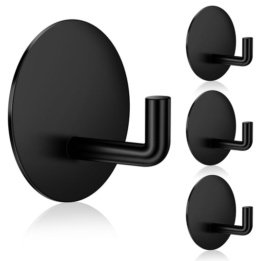 COMNICO Adhesive Hooks Wall Hooks, 4 Pcs Small Black Round Wall Hooks Heavy Duty Stainless Steel Shower Sticky Towel Robes Hooks Waterproof Stick on Hooks for Bathroom Kitchen Living Room