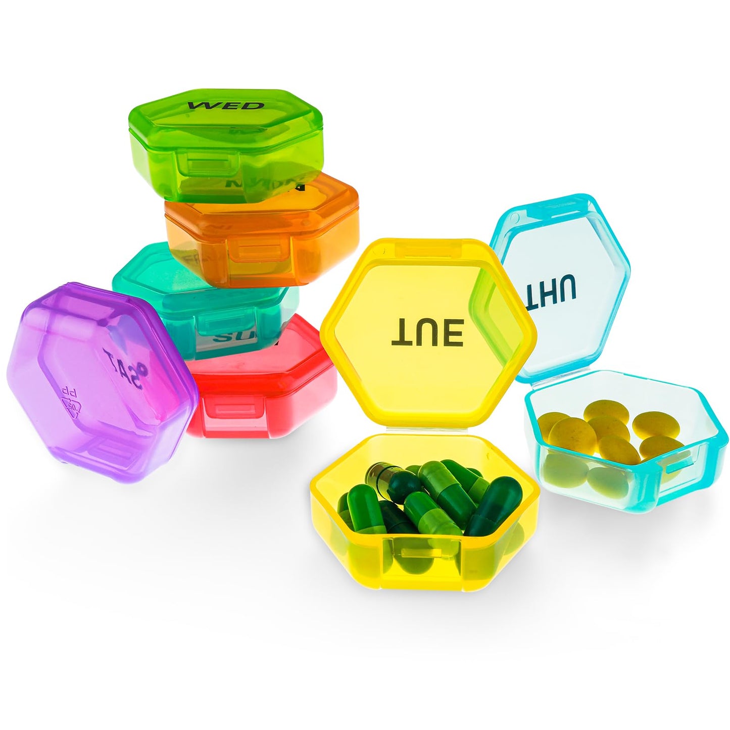 Sibba 7 PCS Pill Box Case Organizer Container Small 7 Day Medicine Dispenser for Purse Travel Mini Boxes Pocket Portable Tiny Storage Holder Organizers Pillboxes for Jewelry Beads