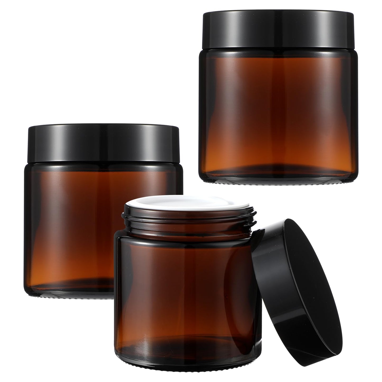 Wanmu 3Pcs Small Glass Containers, 4 oz Amber Glass Jars with Black Lids & Inner Liners, Travel Toiletries Container, Mini Cosmetic Containers for Slime, Makeup, Cream, Lotion, Cosmetic