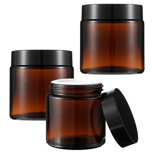 Wanmu 3Pcs Small Glass Containers, 4 oz Amber Glass Jars with Black Lids & Inner Liners, Travel Toiletries Container, Mini Cosmetic Containers for Slime, Makeup, Cream, Lotion, Cosmetic