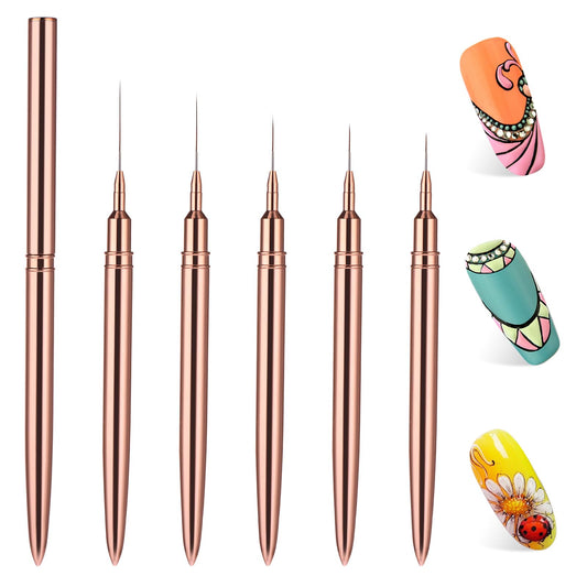 Dimeho 5 Pcs Nail Art Liner Brushes, Striping Nail Art Brush for Gel Polish Fine Lines Painting Nail Polish Brush for Long Lines, Thin Details Drawing Tool Sizes 7/9/11/15/25 mm (Champagne Gold)