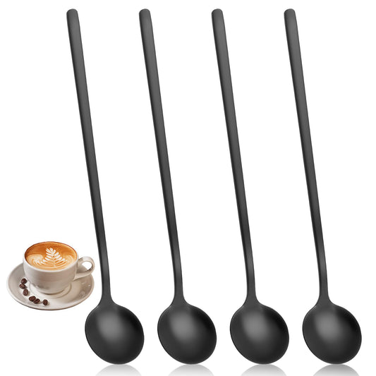 Wanmu 4Pcs Black Stainless Steel Coffee Spoons, 6.7 Inches Mini Teaspoons Set, Iced Tea Spoon, Espresso Stirring Spoon, Matte Black Teaspoons, Dessert Spoon, Large Round Head Spoon