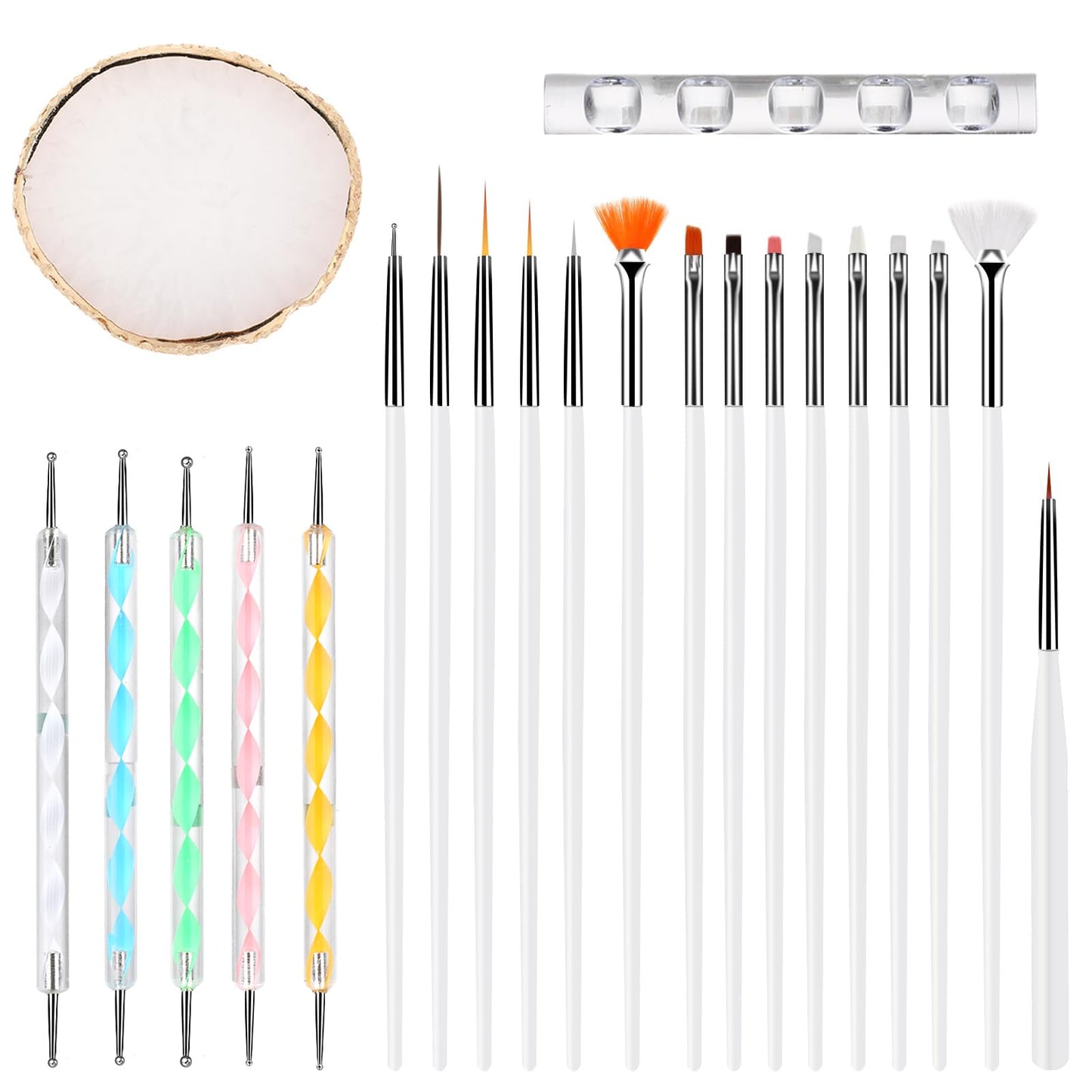 Dimeho 22 Pc Nail Art Palette Set,15 Nail Brushes Sets with 5pcs Double Head Dotting Pens, 1 Pc Nail Art Palette and 1 Pc Display Stand Nail Art Cosmetic Mixing Tools