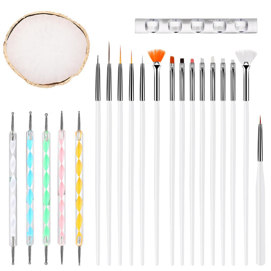 Dimeho 22 Pc Nail Art Palette Set,15 Nail Brushes Sets with 5pcs Double Head Dotting Pens, 1 Pc Nail Art Palette and 1 Pc Display Stand Nail Art Cosmetic Mixing Tools