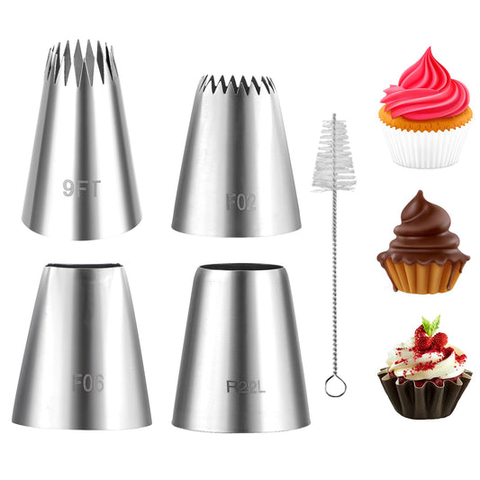 Dimeho 4 Pack Large Piping Tips Set with 1 Cleaning Brush Stainless Steel Cupcake Frosting Tip Cake Icing Decorating Nozzle Seamless Baking Tools for Cookies Puff Churro Pastry Bag Decoration