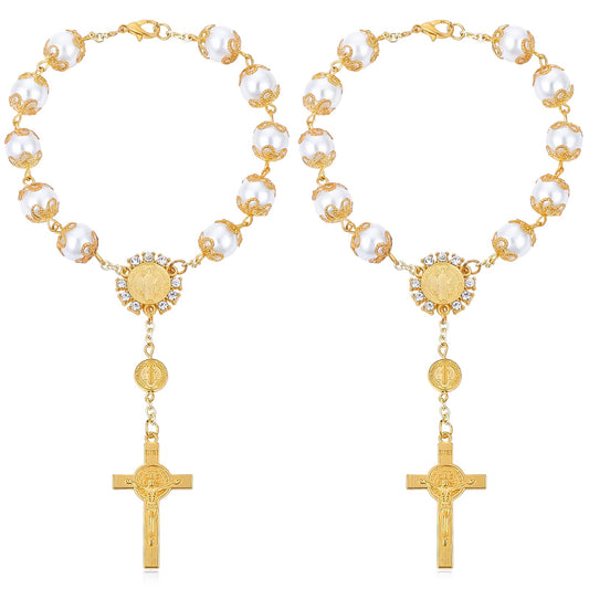 Sibba 2 Pieces Car Rosary Mirror Rearview Mirror Hanging Accessories Auto Rosary with Cross Blessing Rosary Religious Catholic Beads Car Medal for Mirror Interior Truck Motorcycle Decors (Gold)