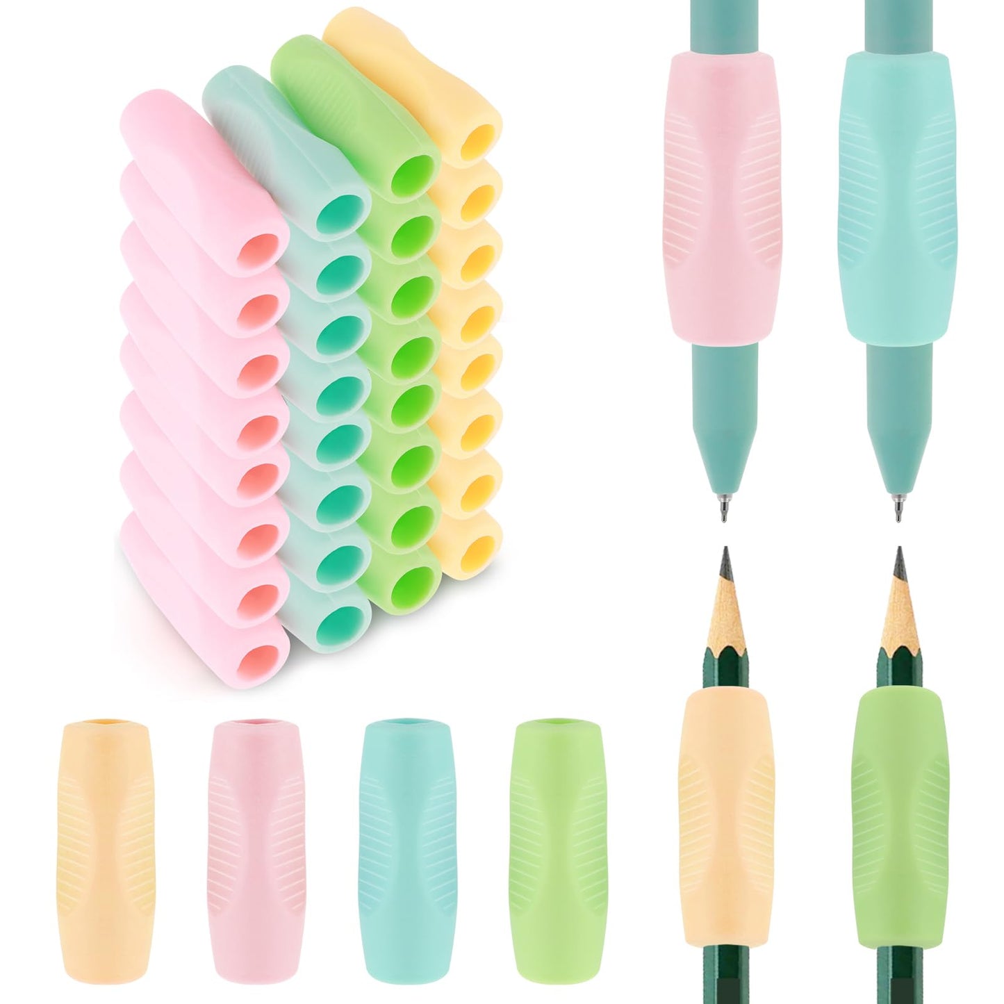 Wanmu 32Pcs Pencil Finger Grips for Kids Handwriting, Ergonomic Silicone Pencil Grippers, Writing Tool with Finger Cushion, 4 Colors Gel Pen Grips with 3 Concaves for Kids, and Toddlers