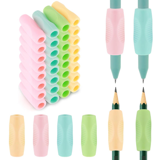 Wanmu 32Pcs Pencil Finger Grips for Kids Handwriting, Ergonomic Silicone Pencil Grippers, Writing Tool with Finger Cushion, 4 Colors Gel Pen Grips with 3 Concaves for Kids, and Toddlers