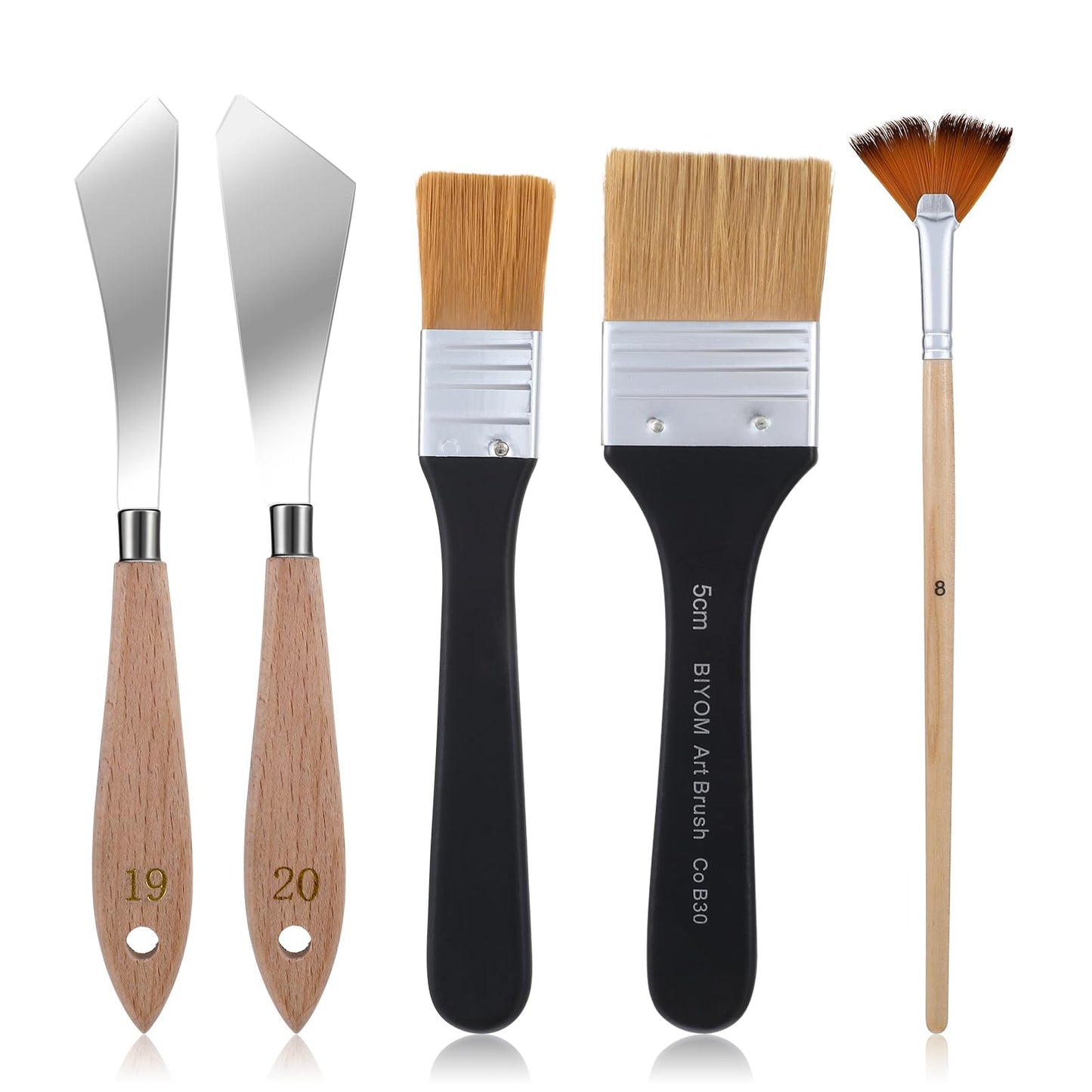 Dimeho 5 Pcs Painting Knife Fan Paint Brushes and Background Blender Flat Brush Stainless Steel Palette Knife Landscape Brush for Artist Canvas Acrylic Oil Painting Supplies(2 Inch and 1 Inch