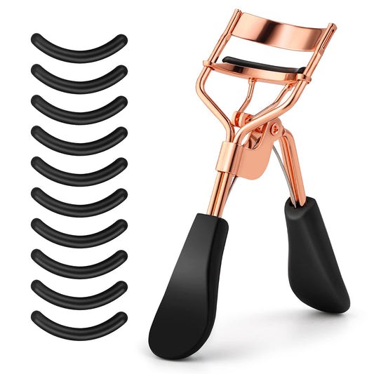 Sibba Brand, Stainless Steel Eyelash Curler with 10 Silicone Replacement Pads, Fits All Eye Shapes (Black & Gold)