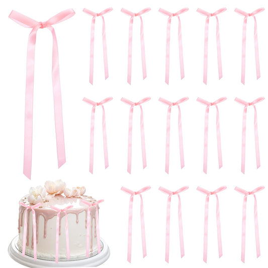 50 Pcs Bow Cake Toppers Birthday Bowknot Ribbons Balloon Wall Party Decorations Cupcake Toppers Baby Shower Cake Decoration for Princess Birthday Wedding Coquette Theme Anniversary Party Supplies