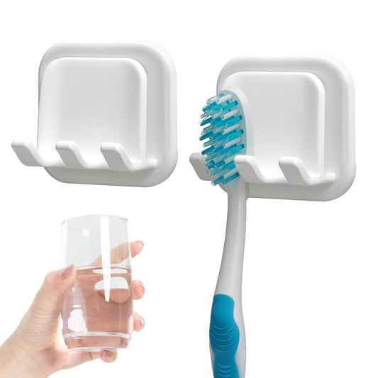 2 Pcs Toothbrush Holder Wall Mounted Self Adhesive Toothbrush Storage Organizer Water Proof Tooth Brushing Hook Mini Hanger Rack Multi-Function Holder for Bathroom Shower Dorm Cabinet Easy to Clean