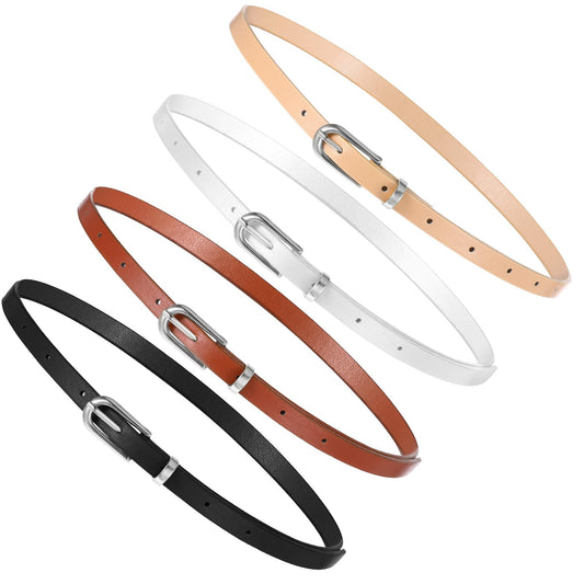 Wanmu 4 Pack Women Skinny Leather Belt for Dresses, 38 Inches Vintage Thin Waist Belt with Silver Metal Buckle for Ladies, Dresses, Pants (White, Black, Cream Color, Coffee)