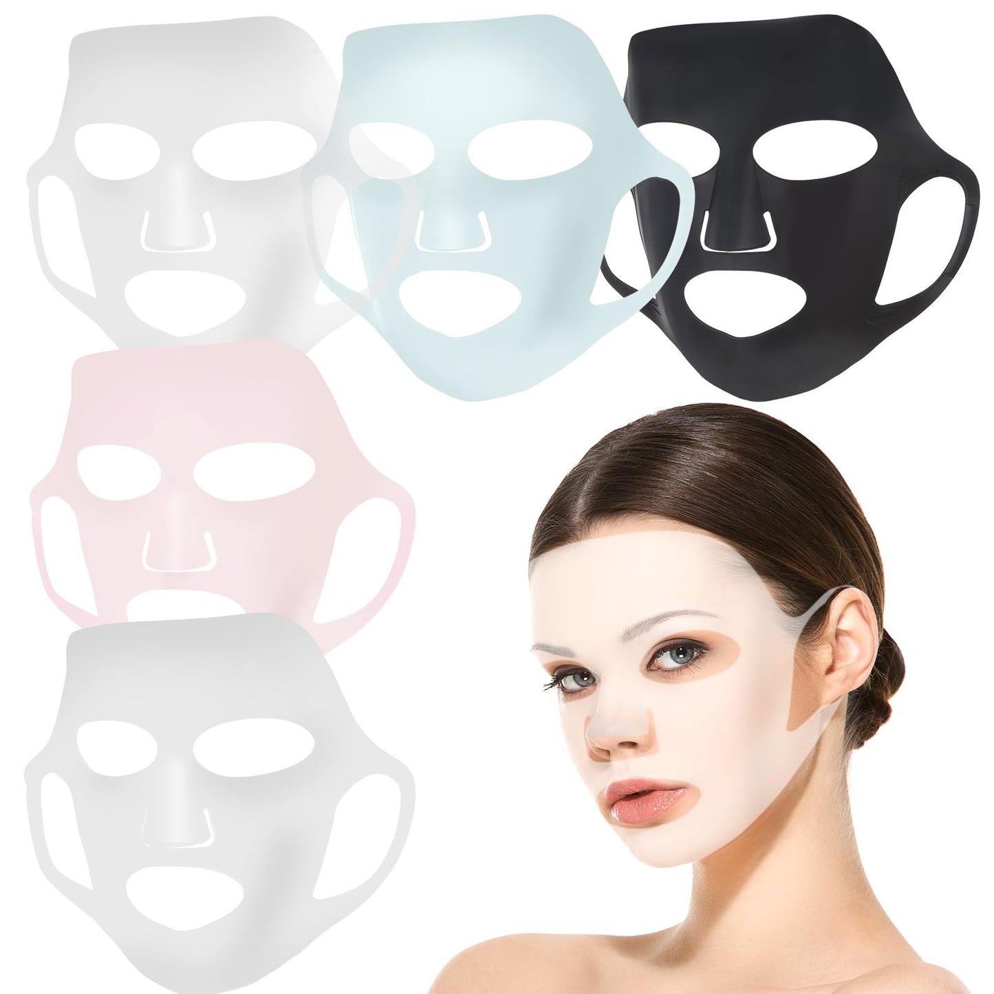 Wanmu 5Pcs Silicone Mask, Reusable Anti-Wrinkle Face Patches, Face Mask Holder for Sheet Masks, Moisturizing Facial Mask Cover, Prevent Evaporation, Beauty Face Tool, Travel Pouch Included