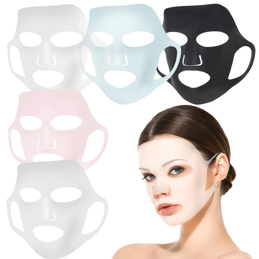 Wanmu 5Pcs Silicone Mask, Reusable Anti-Wrinkle Face Patches, Face Mask Holder for Sheet Masks, Moisturizing Facial Mask Cover, Prevent Evaporation, Beauty Face Tool, Travel Pouch Included