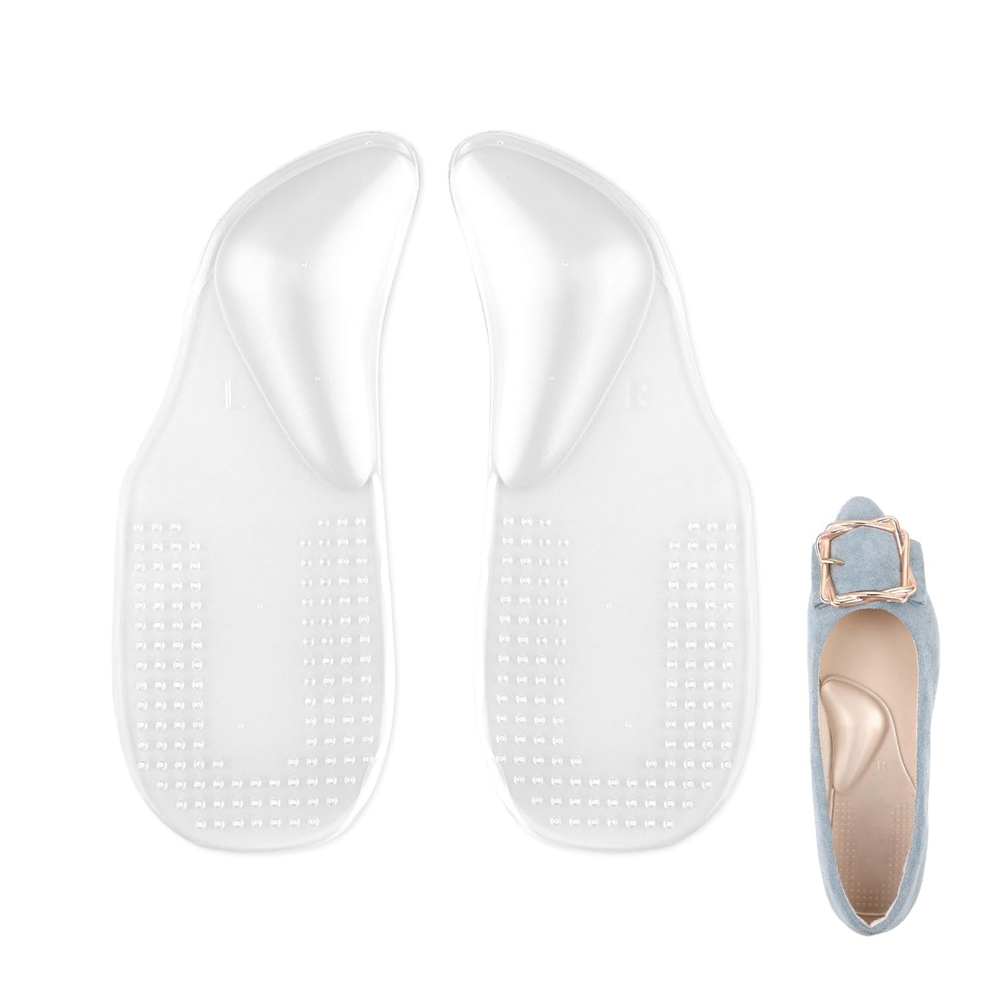 COMNICO 1 Pairs Arch Support Shoe Inserts Soft Gel Insole Pads Self-Adhesive Reusable Arch Cushions Plantar Fasciitis Relief for Women Men Flat Feet High Arch (Small,Transparent)