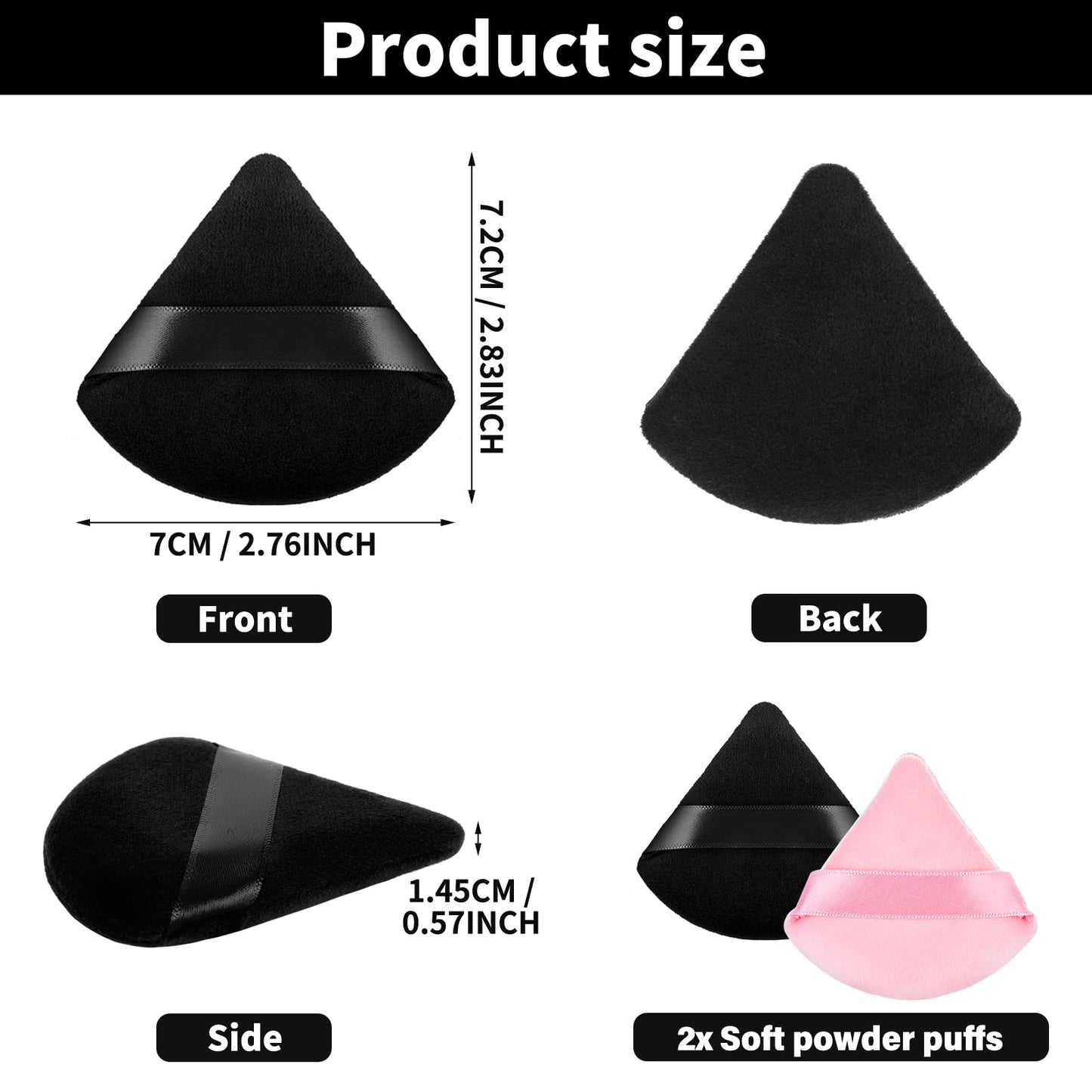 Sibba Triangle Powder Puffs Face Cosmetic Powder Puff Washable Reusable Soft Plush Powder Sponge Makeup Foundation Sponge for Face Body Loose Powder Wet Dry Makeup Tool (2Pcs Black&Pink)