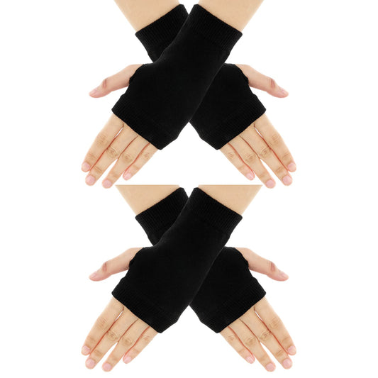 Sibba 2 Pairs Fingerless Gloves Winter Warm Half Finger Gloves with Thumb Hole Women Thermal Cotton Stretchy Knit Mittens Typing Texting Driving Gloves Black Wrist Warmers Unisex Christmas Gifts