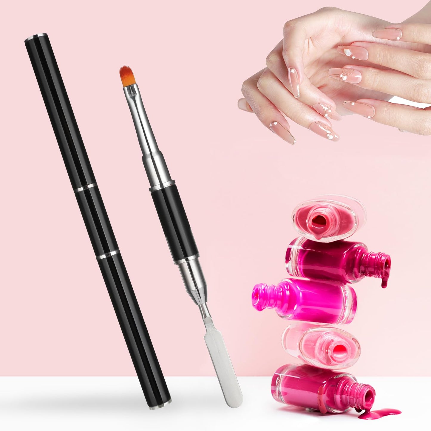 Dimeho 2 Pack Nail Art Brush Picker Dual-Ended Stainless Steel Gel Nail Brushes 2 in 1 Design Flat Manicure Builder Nails Art Slice Tool for UV Extensions Quick Building Women Home Salon