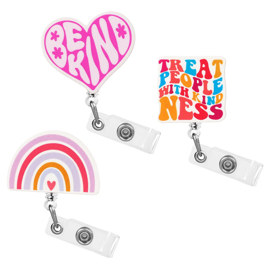 Dimeho 3PCS Cute Nurse Badge Reel, Retractable Badge Holders Funny Nursing ID Badge Reels with Alligator Clip Name Tag ID Clip Holder Pink Heart Rainbow for Nurses Student Teacher