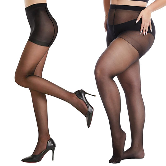 Sibba 2 Pairs Sheer Tights for Women 20D Ultra Thin Pantyhose Control Top Soft Panty Hose High Waist Reinforced Toes Plus Size Run Resistant Shaping Tight Comfort Stretch Long Socks (60-120KG/Black)