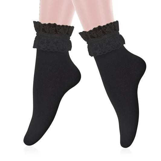 Sibba Ruffle Liners Lace Ankle Socks 1 Pair Kawaii Frilly Crew Elastic Cotton Sock Princess Fairy Aesthetic Goth Cuffs Cute Dress Women Girls Schoolgirl Show Winter Clothing Costume Outfits (Black)