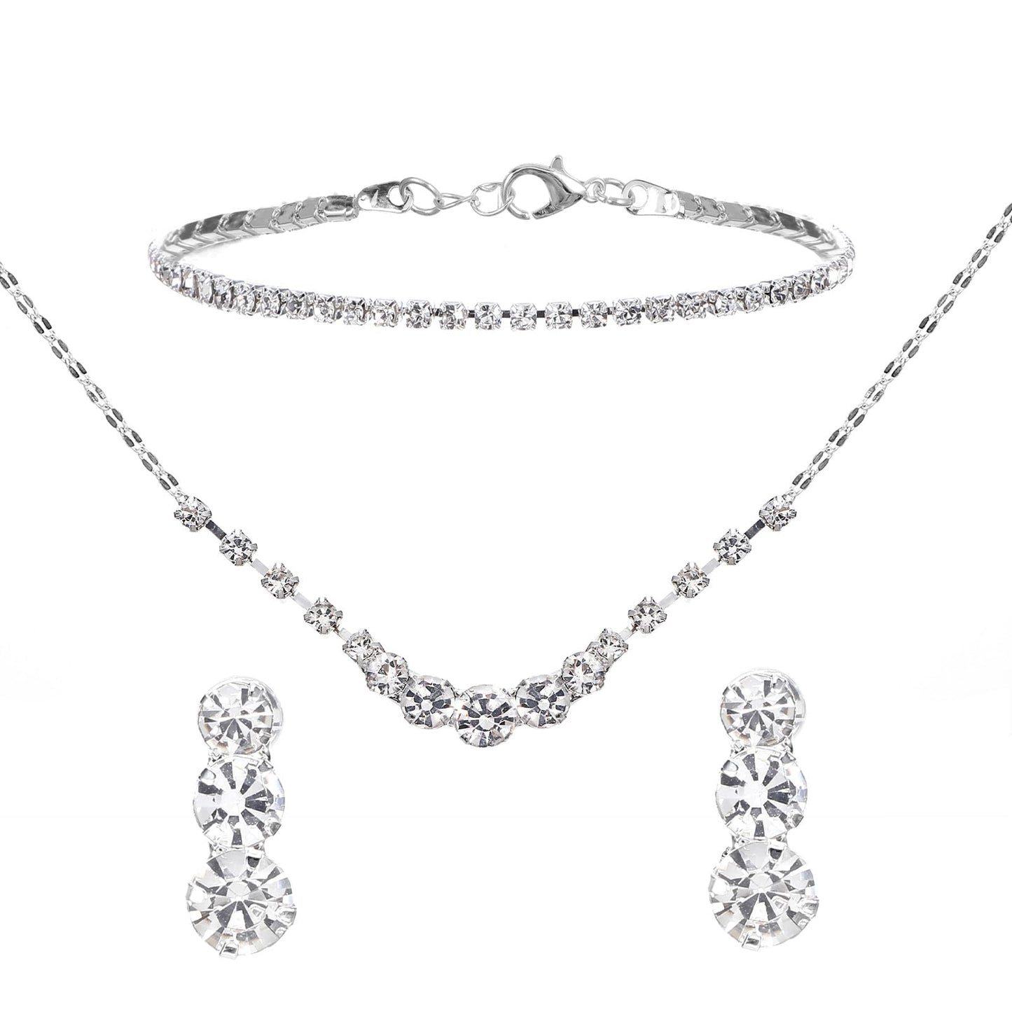 Gjinxi 3-Piece Rhinestone Jewelry Set for Women - Crystal Wedding Necklace, Earrings & Bracelet Kit for Bride, Bridesmaid, Prom, Party Costume Jewelry, One Size, Zinc Alloy + Rhinestones, No Gemstone