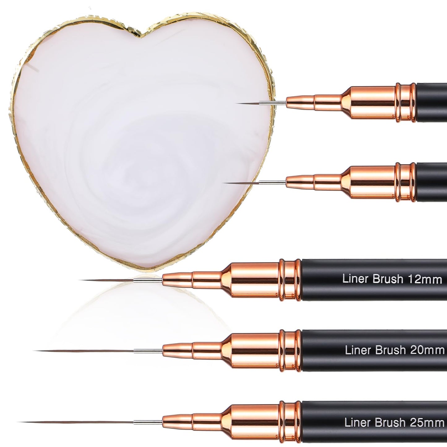 Pack of 5 Nail Art Brushes Nail Art Fineliner Brush Painting Art Design with Mixing Palette Painting Nail Art Brush for Long Lines Thin Details Fine Drawing in Sizes 4/8/12/20/25 mm