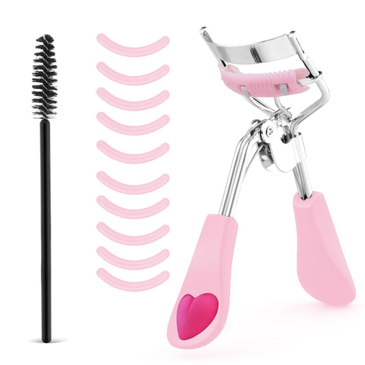 Sibba Eyelash Curler Set, 3Pcs Stainless Steel, Includes 10 Silicone Refill Pads & Lash Brush, Fits All Eye Shapes, No Pinching or Pulling, Professional Makeup Tool(Pink)