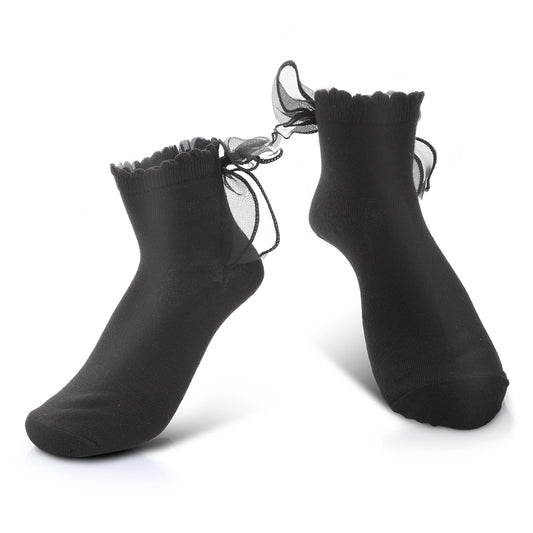Sibba 1 Pair Ruffle Liners Lace Ankle Socks Mesh Ribbons Bow Frilly Crew Elastic Cotton High Top Sock Princess Fairy Goth Cuffs Lovely Dress for Lady Girls Schoolgirl Aesthetic Winter Outfits (Black)