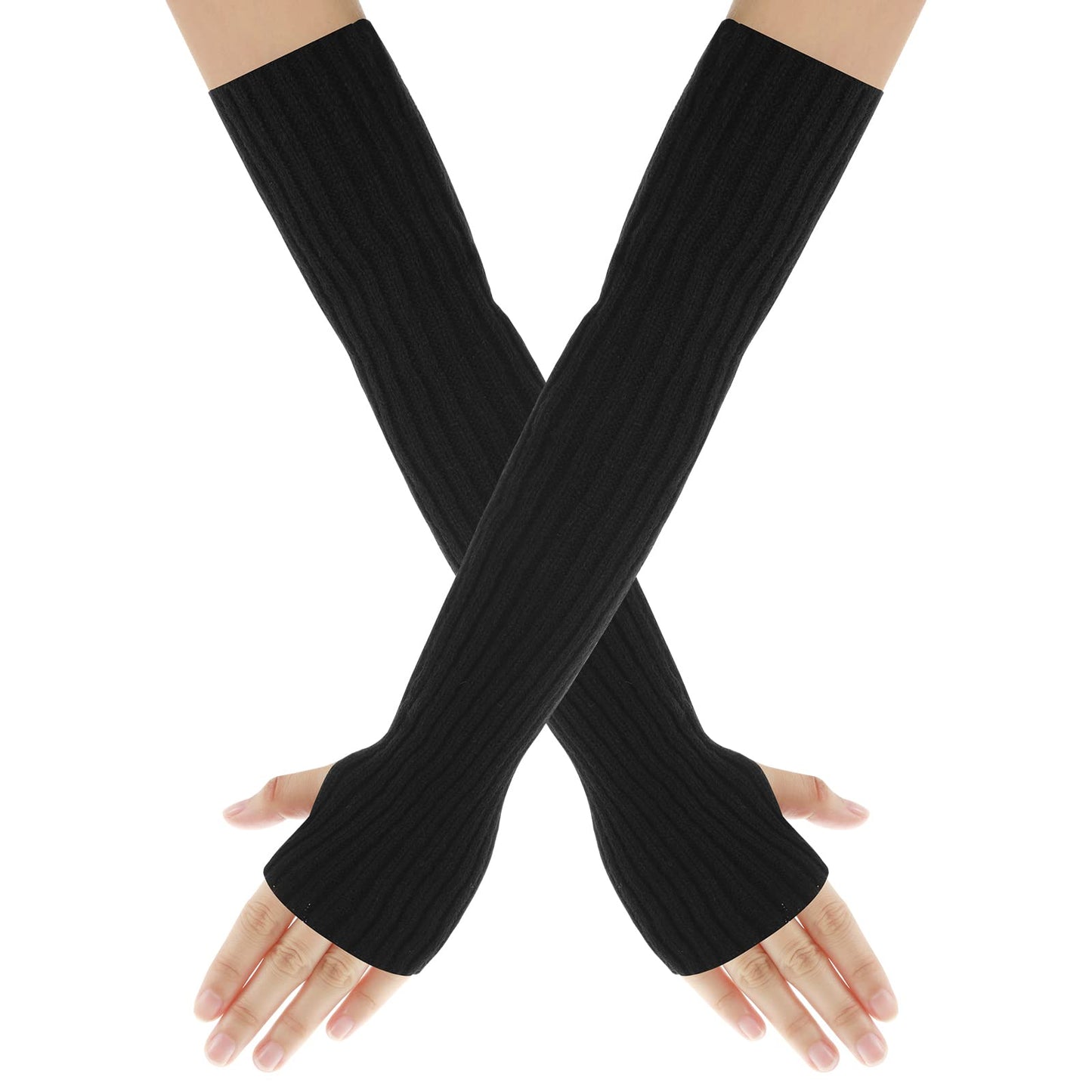 Sibba 1 Pairs Arm Warmers Long Stretchy Fingerless Gloves Knit Mittens Wrist Cuff with Thumb Hole Thumbhole Elbow Length Gothic Hand Cover Summer Sun Protection for Jogging Bicycling Skiing