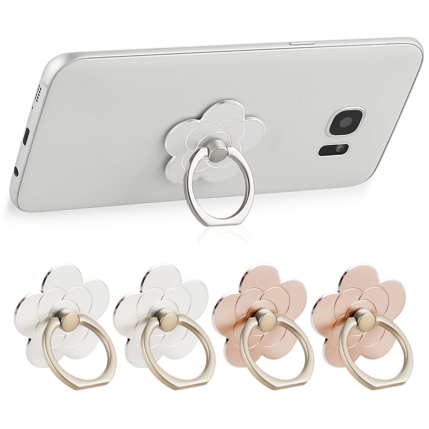 4pcs Cell Phone Ring Holder Kickstand Cellphone Flower Finger Ring Grips Stand 360° Rotation 180° Flip Metal Universal Accessories Compatible with Smartphone, Mobile Phones, Phone case (Silver&Gold)