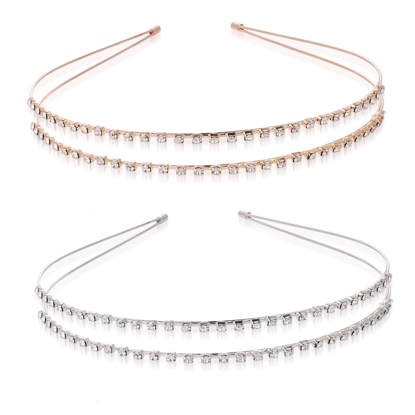 Sibba 2 Pack Double-layer Rhinestone Hair Hoop Headband Metal Hair band Shiny Crystal Headbands for Princess Wedding Bridal Headpieces(Gold+Silver)