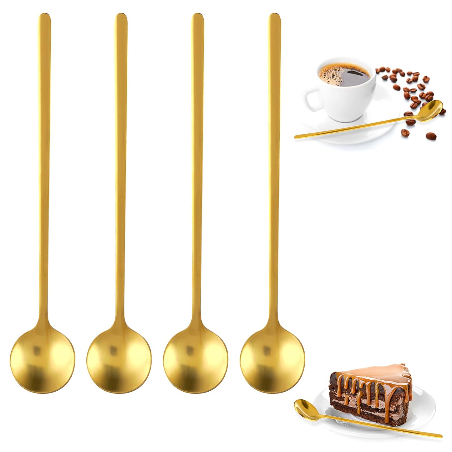 COMNICO Coffee Spoons Stainless Steel Shiny Gold, 6.7 Inches Mini Tea Spoon Set Small Round Espresso Long Handle Spoon Coffee Bar Accessories Decor for Stirring Drinks Mixing Milkshakes, 4 PCS