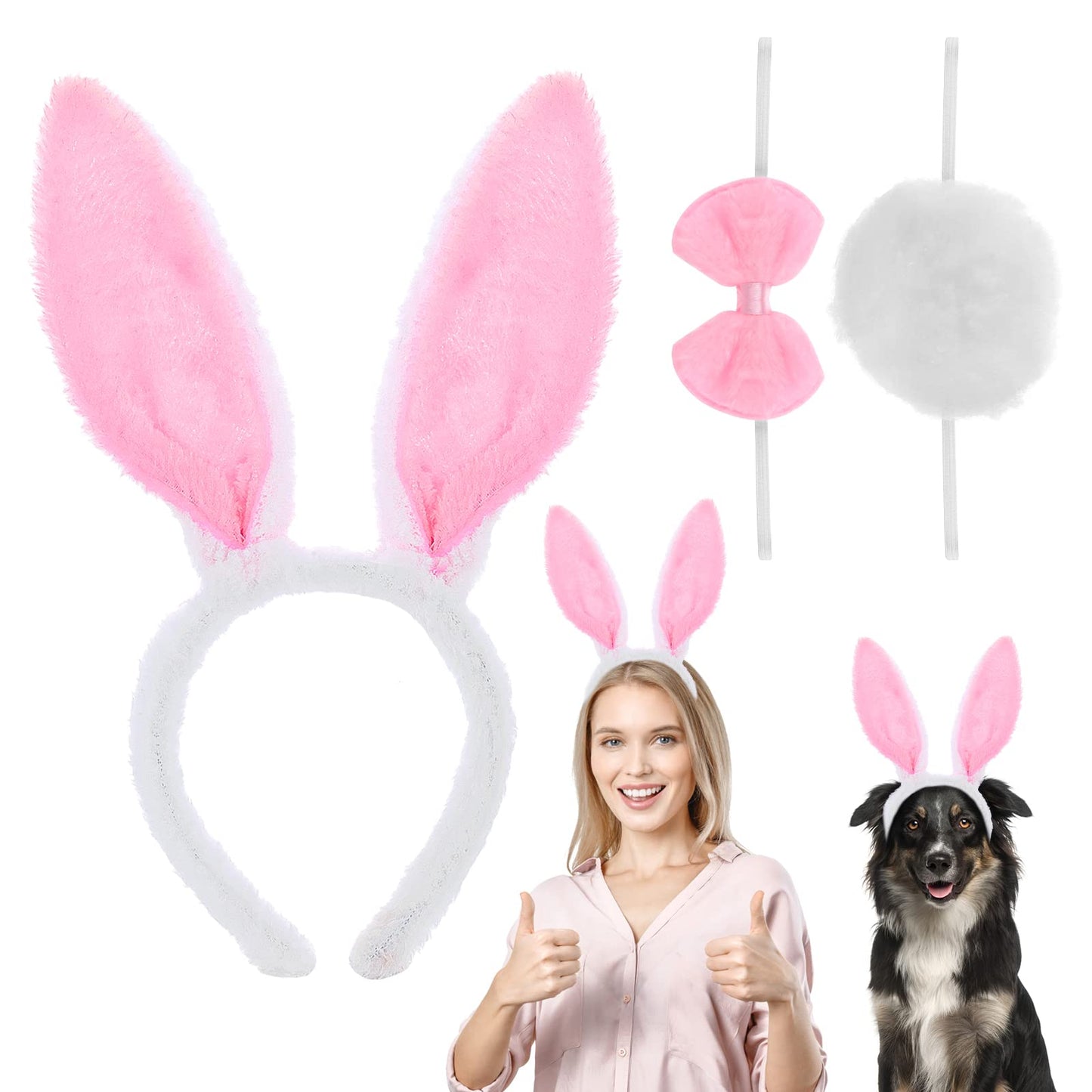 Sibba Bunny Ear Headband Hairbands 3 Piece Plush Easter Rabbit Ears White Pink Bow Ties Tail Set Cosplay Easter Party Costume Hair Bands Styling Accessories for Women