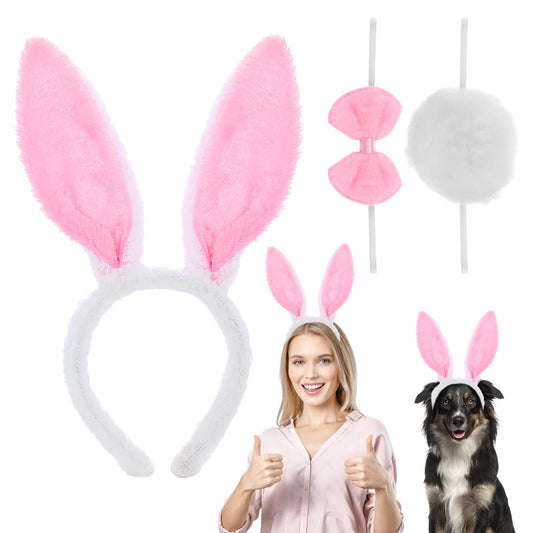 Sibba Bunny Ear Headband Hairbands 3 Piece Plush Easter Rabbit Ears White Pink Bow Ties Tail Set Cosplay Easter Party Costume Hair Bands Styling Accessories for Women