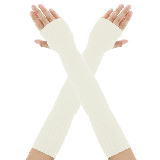 Sibba Fingerless Gloves Knit Arm Warmers Sleeves Goth Mittens Winter Costume Halloween Long Elbow Striped Punk Cosplay Thumb Hole Cover Base Layers Sports Women (White)