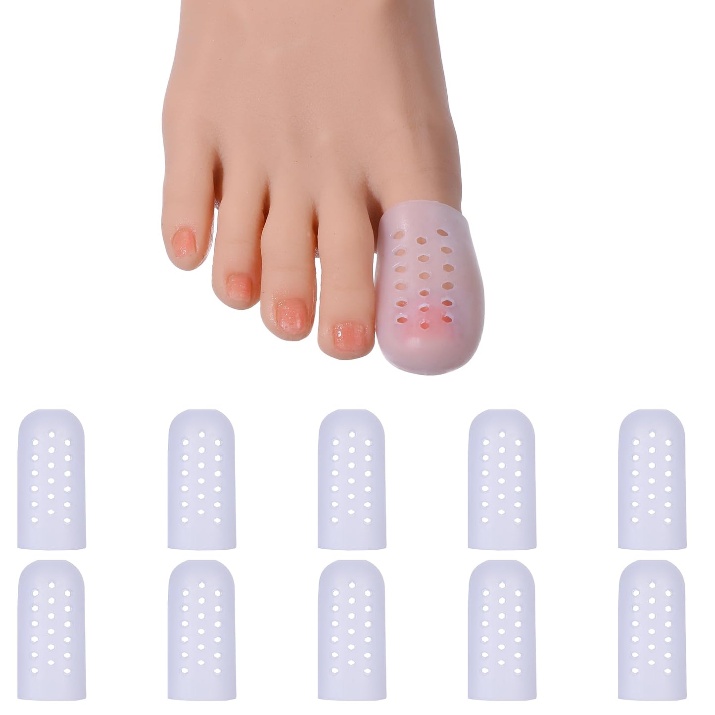 Sibba 10PCS Big Toe Cap Support Breathable Toe Protector Pads Cover Sleeves with Holes Silicone Foot Cushions Comfortable Toe Covering Beige Hammer Toes Splint for Corns Rubbing Ingrown Toenails
