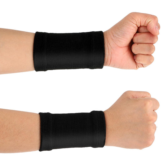 COMNICO Wrist Compression Sleeve, 2 Pairs Spandex Soft Elastic Wrist Brace Hand Band Sport Support Wraps Arthritis Pain Relief for Men Women Work Gym Typing Golf Volleyball (Black)