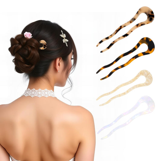 4 Pcs U Shape Hair Sticks Acetate French Hair Pin Tortoise Shell 2 Prong Bun Hair Forks Vintage Classic Updo Chignon For Women Girls Thick Long Hairstyle Accessories