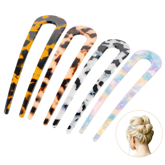 Sibba 4 Pieces U Shaped Hair Pin French Style Cellulose Acetate Tortoise Shell Fork Sticks Updo Chignon Pin for women Girls Hairstyle Accessories(Multicolor)
