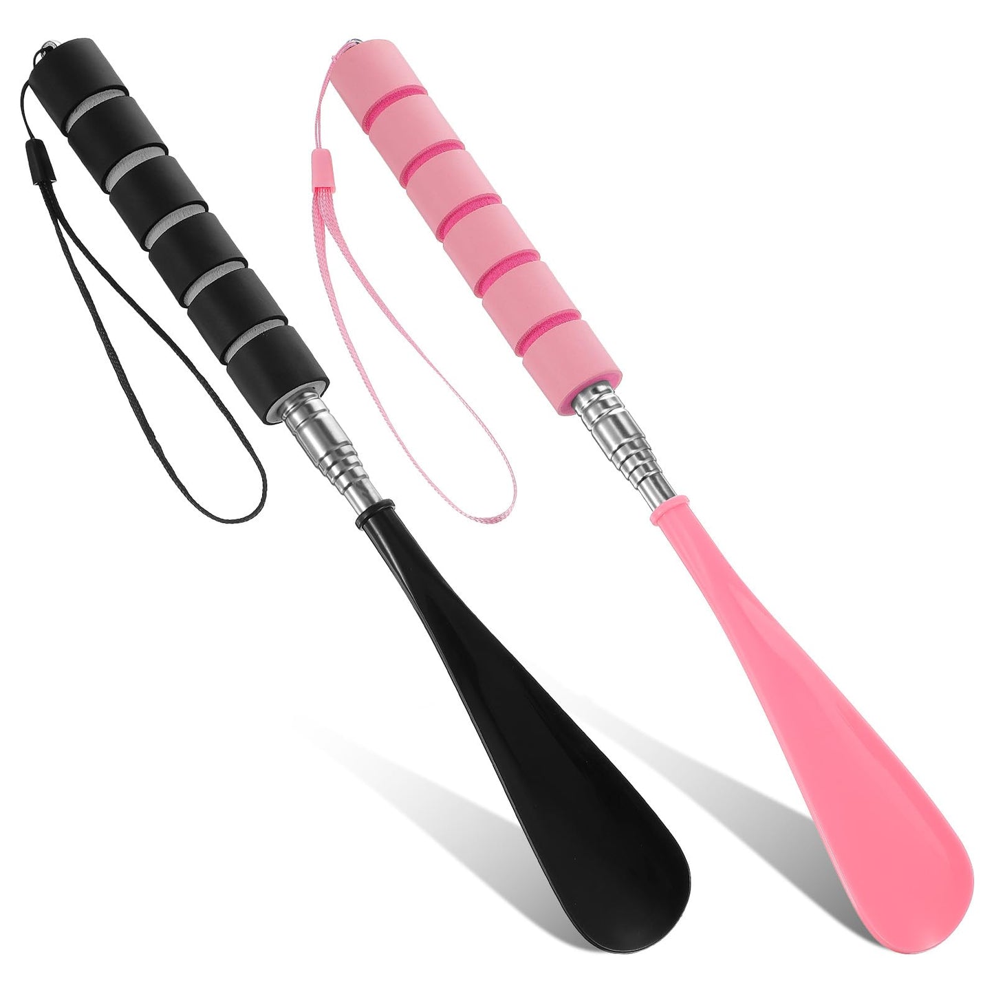 QFGasre 2Pcs Shoe Horn Long Handle Stainless Steel Retractable Shoe Horn Adjustable Length Travel Shoes Helper for Seniors Pregnant Back Women Men Black Pink