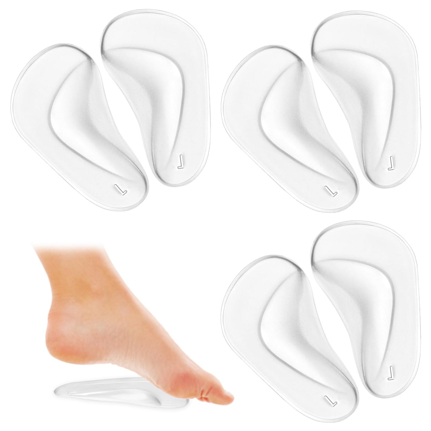 COMNICO 3 Pairs Arch Support Inserts Self-Adhesive Soft Gel Insole Arch Pads Transparent Silicone Reusable Sandals Shoe Insoles for Plantar Fasciitis Relief Flat Feet Flip Flops High Heel Arch Pain