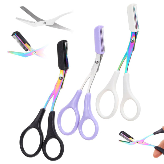 3pcs Eyebrow Trimmer Scissor with Comb Professional Precision Eyebrow Grooming Shear Scissors Eyelash Trimming Scissors with Comb and Non-Slip Finger Grips Hair Removal Eyebrow Scissors for Men Women