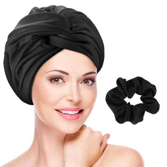 Satin Bonnet with Scrunchies Night Sleep Caps with Wide Elastic Band Adjustable Silk Hair Wrap for Sleeping Soft Satin Sleep Caps for Women and Girls Long Straight and Curly Hair (Black)