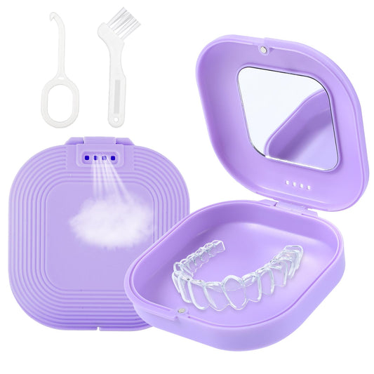 Sibba Denture Retainer Case Leak-Proof Denture Cup Slim Aligner Holder Vent Holes Mouth Guard Box Cute Compatible Storage Organizer Portable Container with Retainer Remover Tool Chew Brush Cover Cap