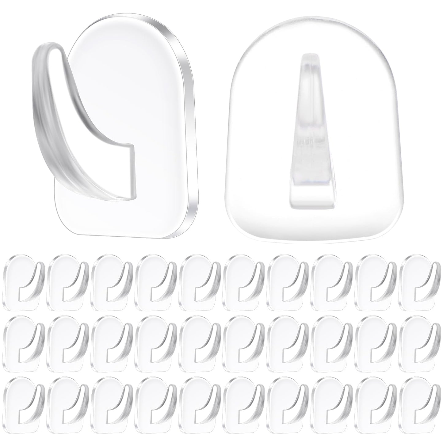 Wanmu 30 Pcs Clear Adhesive Wall Hooks for Hanging, Reusable Transparent Seamless Hooks, Acrylic Sticky Hangers with Non Marking Sticker for Kitchen Bathroom Bedroom Office